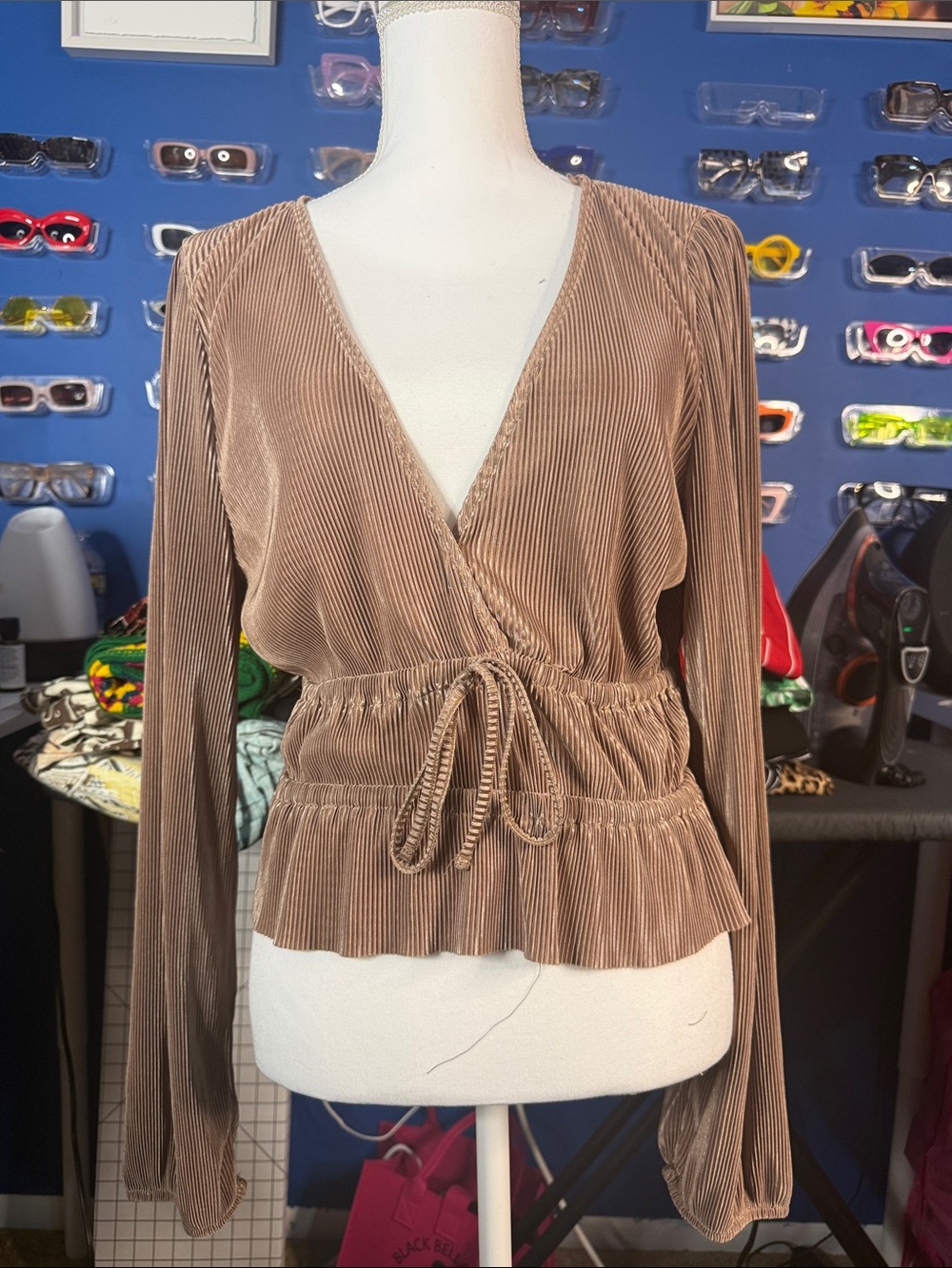 Zara Taupe Velvet Corduroy Wrap Top with Drawstring